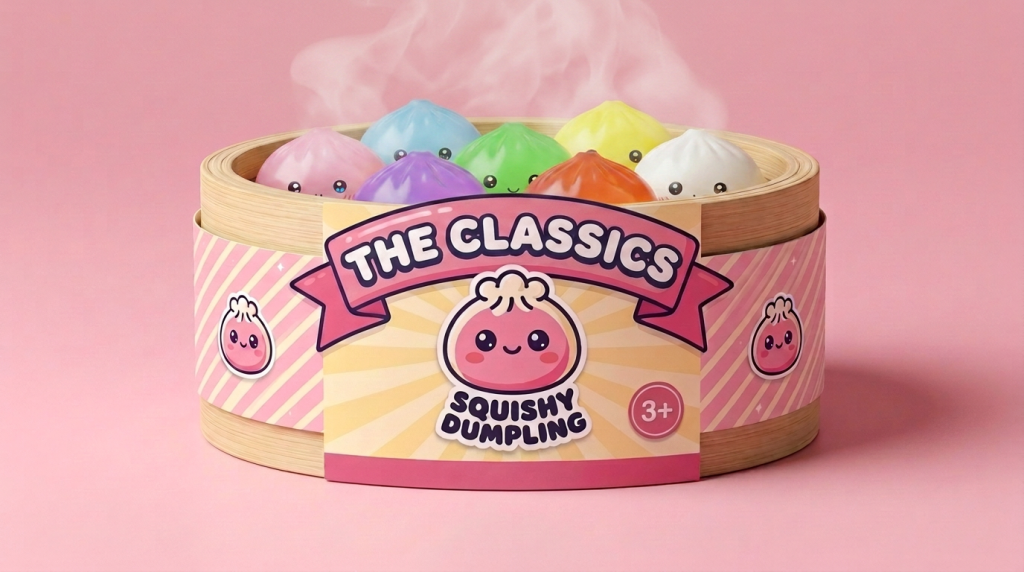 Mini Sugar Dumpling Squishy Set in its bamboo steamer box