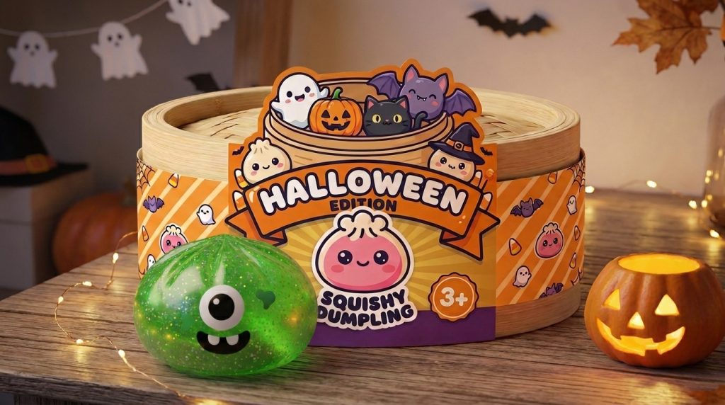 Squishy Dumpling Monstre Halloween Green Glitter in its kawaii setting