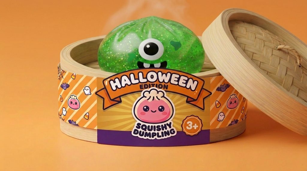 Squishy Dumpling Monstre Halloween Green Glitter in its bamboo steamer box