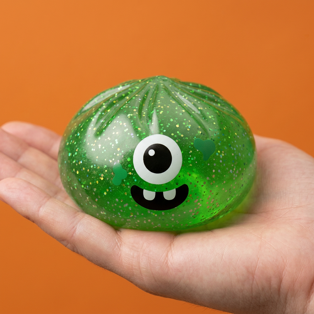 Squishy Dumpling Monstre Halloween Green Glitter held in hand, actual size