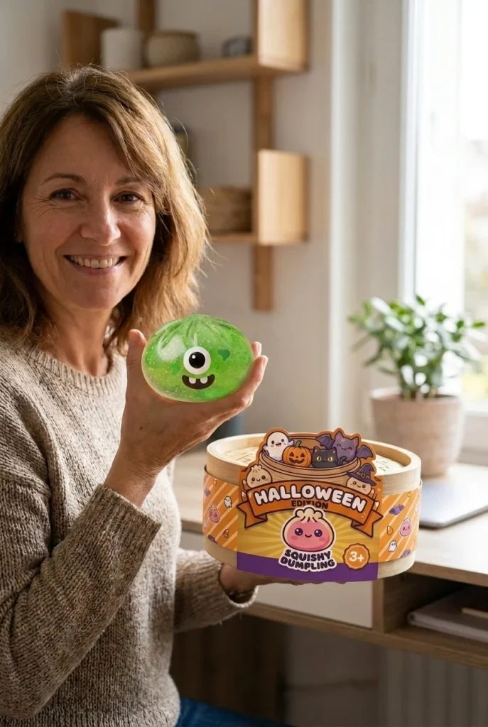 Squishy Dumpling Monstre Halloween Green Glitter with its box