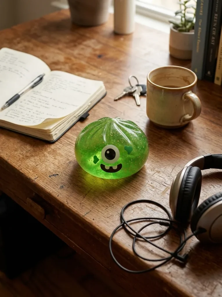 Squishy Dumpling Monstre Halloween Green Glitter on the desk