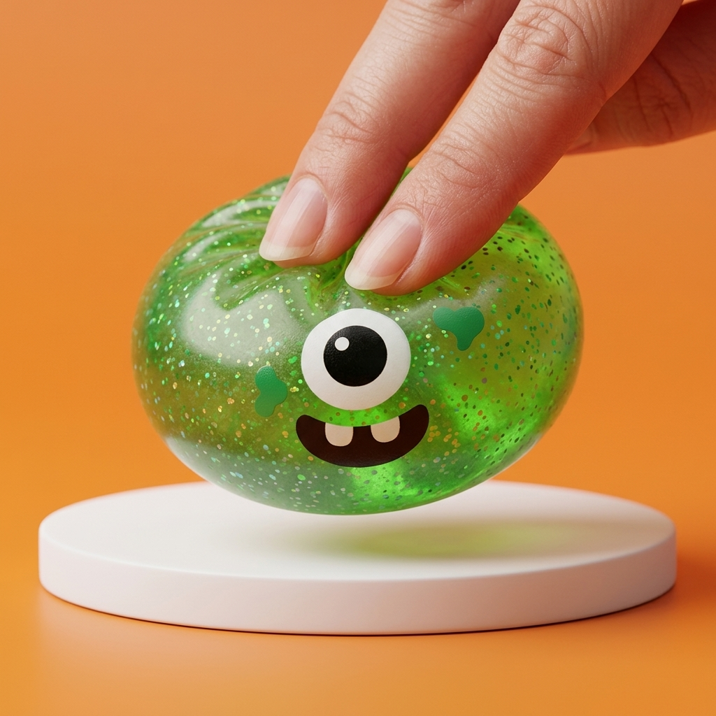 Squishy Dumpling Monstre Halloween Green Glitter being squeezed, soft slow-rise foam