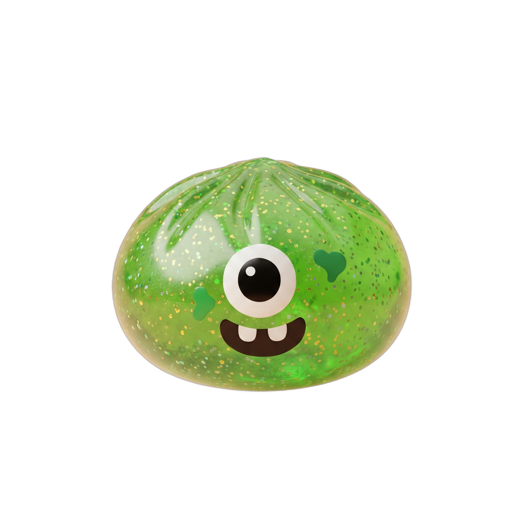 Squishy Dumpling Monstre Halloween Green Glitter being squeezed, soft slow-rise foam