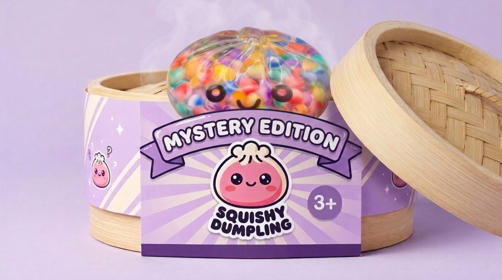 Mystery Bubble Dumpling Squishy in its bamboo steamer box
