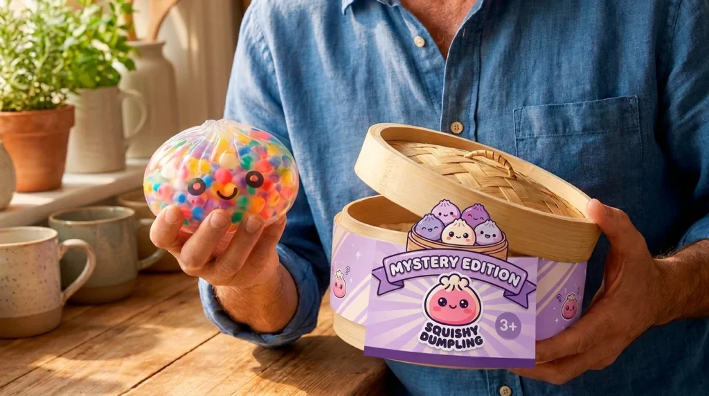 Mystery Bubble Dumpling Squishy with its box