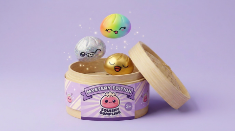 Rare Dumpling Squishy Mystery Box being squeezed, soft slow-rise foam