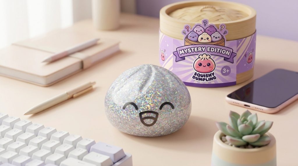 Rare Dumpling Squishy Mystery Box in its kawaii setting