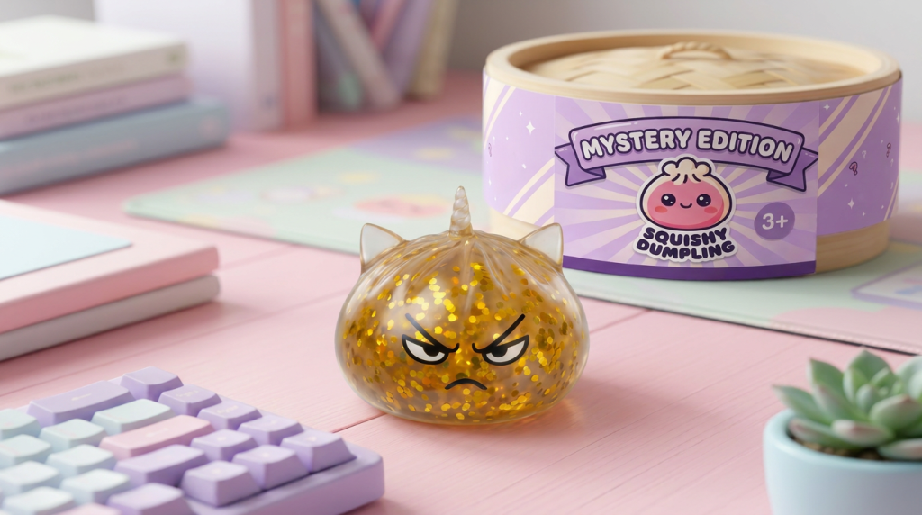 Glitter Dumpling Squishy Rare Unicorn Edition in its kawaii setting