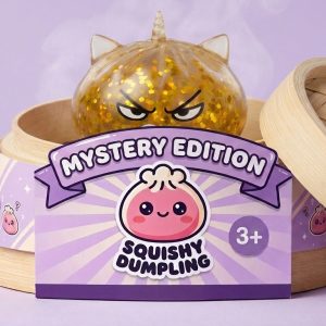 Glitter Dumpling Squishy Rare Unicorn Edition in its bamboo steamer box