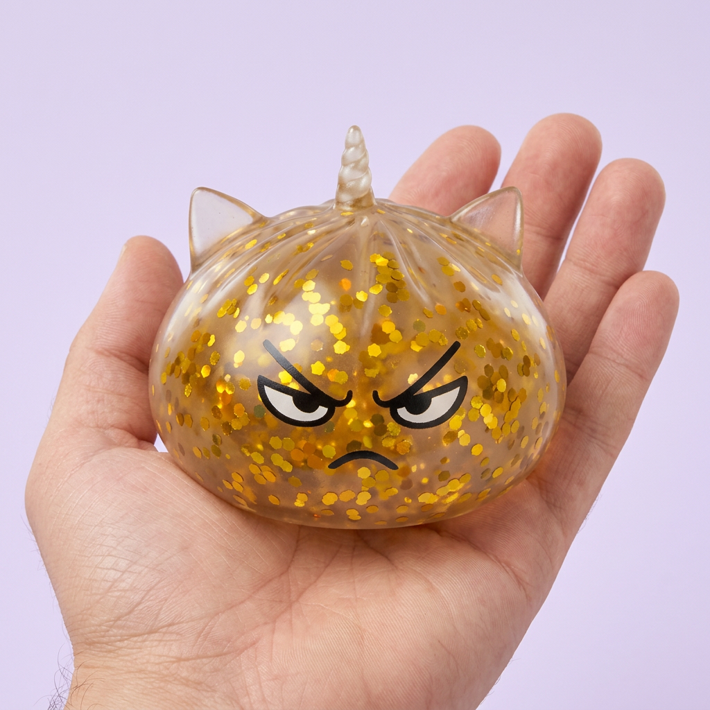 Glitter Dumpling Squishy Rare Unicorn Edition held in hand, actual size