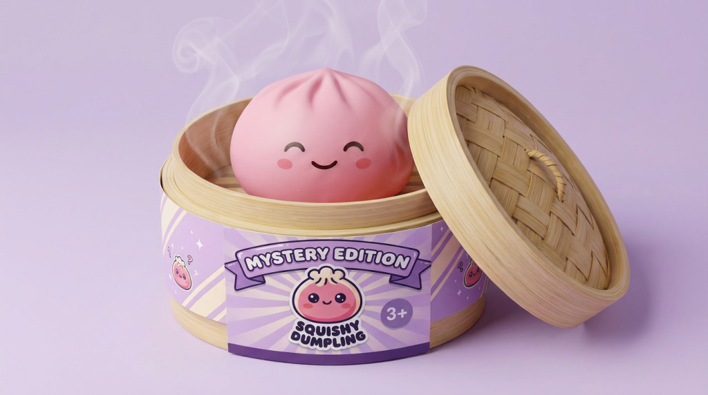 Mystery Dumpling Squishy in its bamboo steamer box