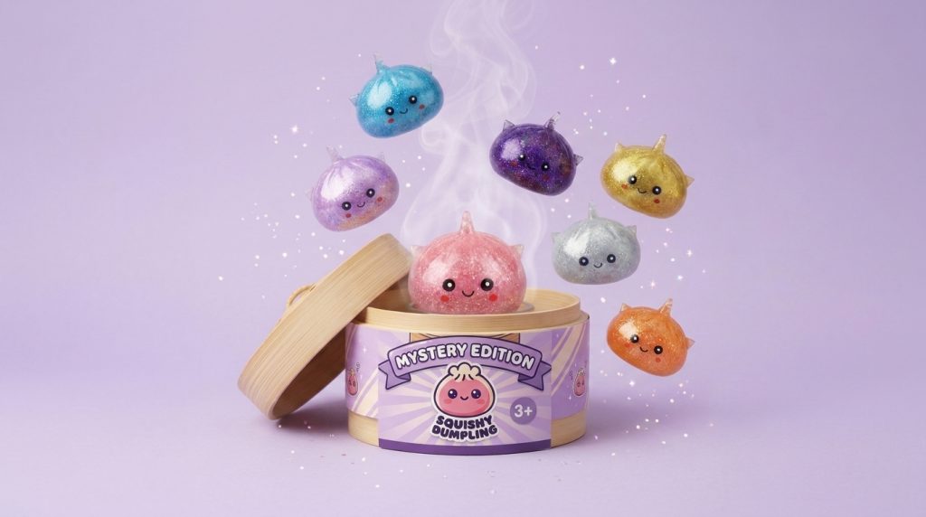 Mystery Unicorn Glitter Dumpling Squishy being squeezed, soft slow-rise foam