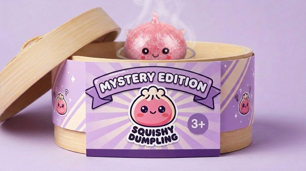 Mystery Unicorn Glitter Dumpling Squishy in its bamboo steamer box