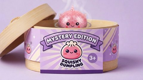 Mystery Unicorn Glitter Dumpling Squishy in its bamboo steamer box