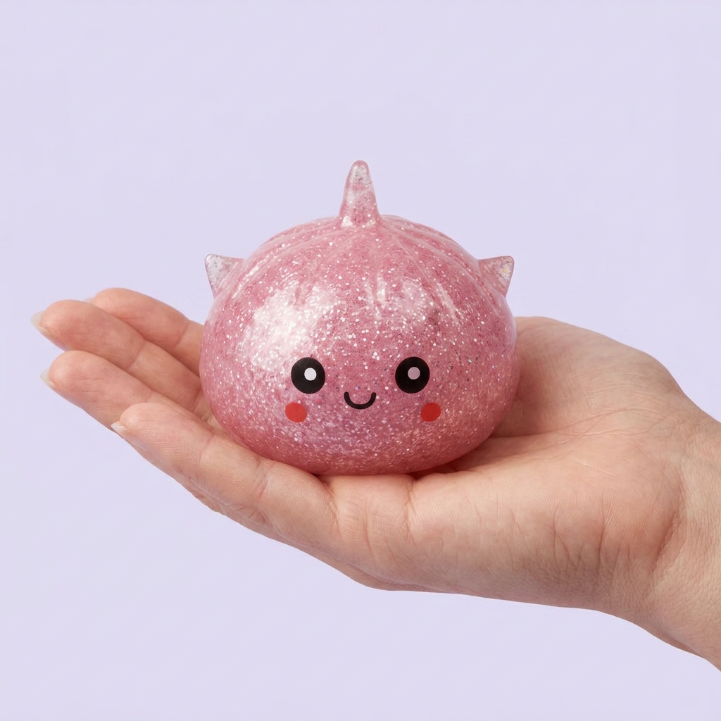 Mystery Unicorn Glitter Dumpling Squishy held in hand, actual size