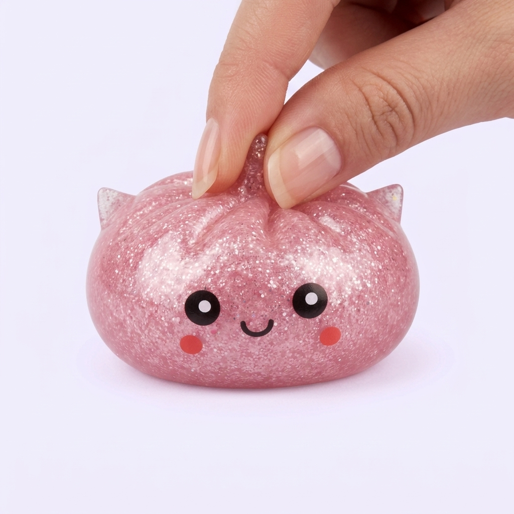 Mystery Unicorn Glitter Dumpling Squishy being squeezed, soft slow-rise foam
