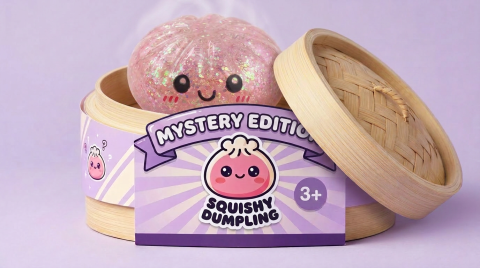 Glitter Surprise Mystery Dumpling Squishy in its bamboo steamer box