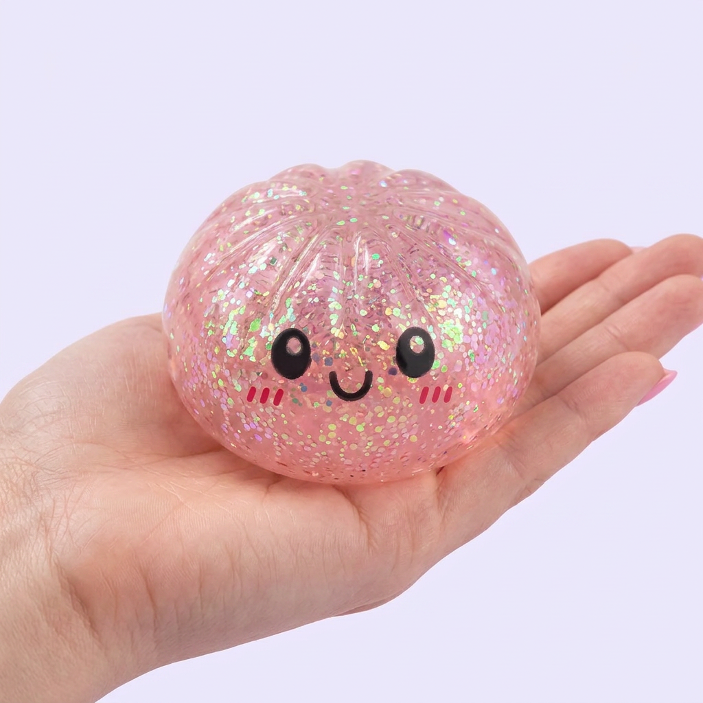 Glitter Surprise Mystery Dumpling Squishy held in hand, actual size