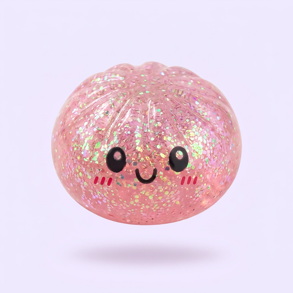 Glitter Surprise Mystery Dumpling Squishy being squeezed, soft slow-rise foam