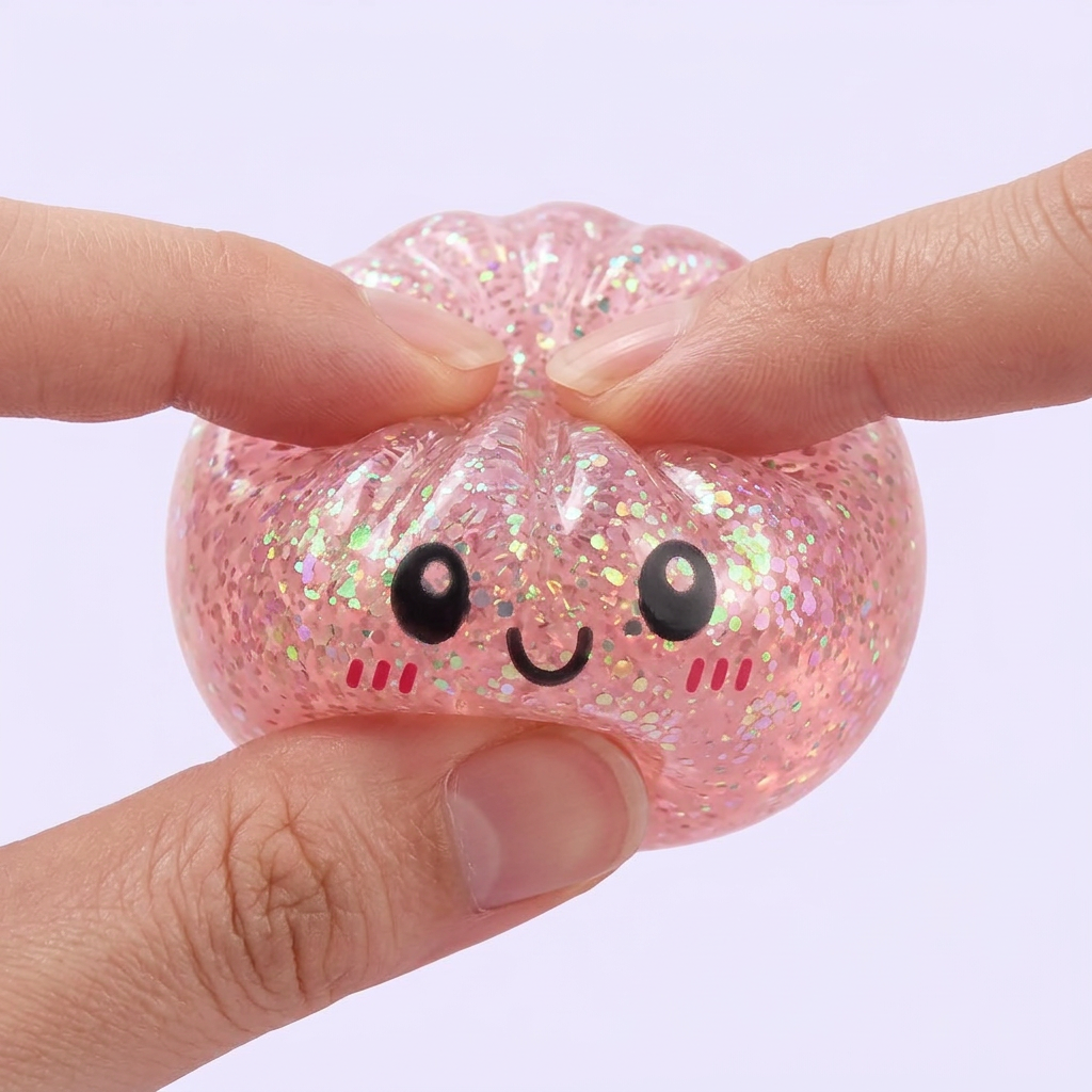 Glitter Surprise Mystery Dumpling Squishy being squeezed, soft slow-rise foam