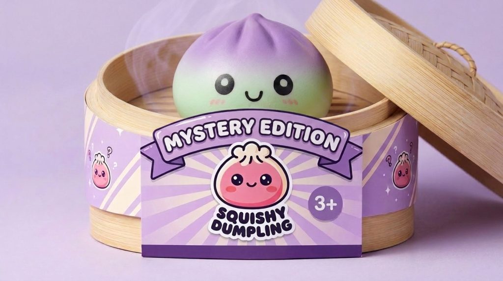 Ombre Mystery Dumpling Squishy in its bamboo steamer box