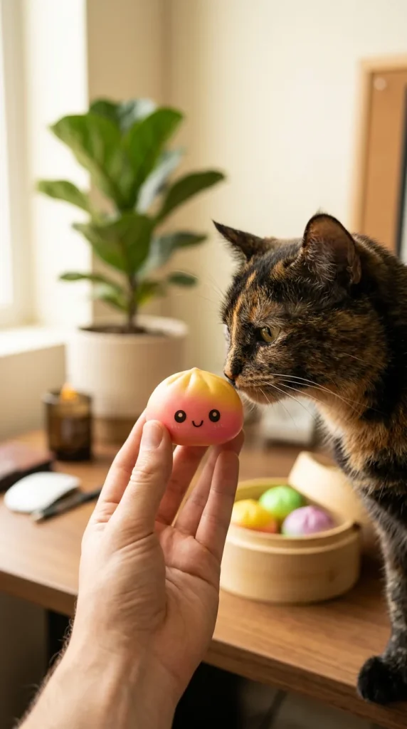 Ombre Mystery Dumpling Squishy with a plush friend