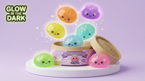 Mystery Glow in the Dark Dumpling Squishy being squeezed, soft slow-rise foam
