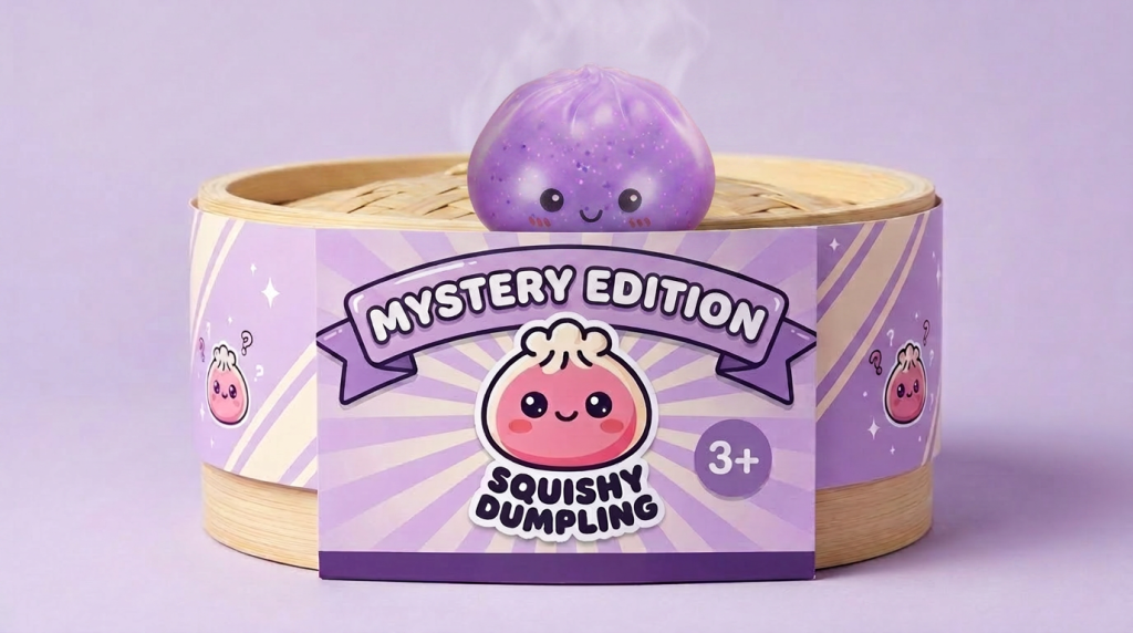 Mystery Glow in the Dark Dumpling Squishy in its bamboo steamer box