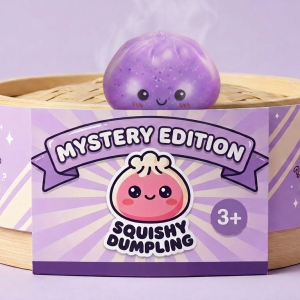 Mystery Glow in the Dark Dumpling Squishy in its bamboo steamer box