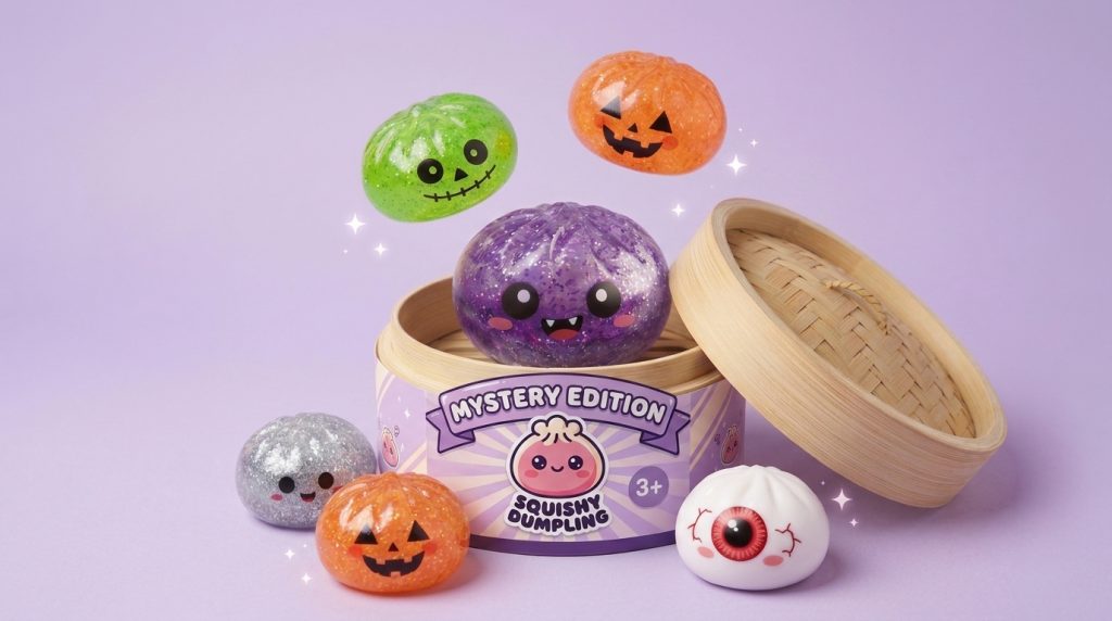 Squishy Dumpling Mystery Halloween Box being squeezed, soft slow-rise foam