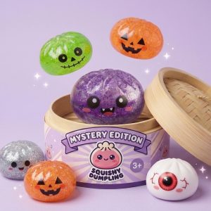 Squishy Dumpling Mystery Halloween Box being squeezed, soft slow-rise foam