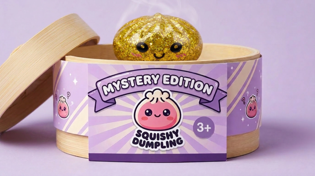 Mystery Glitter Dumpling Squishy Mini Set in its bamboo steamer box