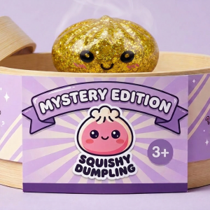 Mystery Glitter Dumpling Squishy Mini Set in its bamboo steamer box