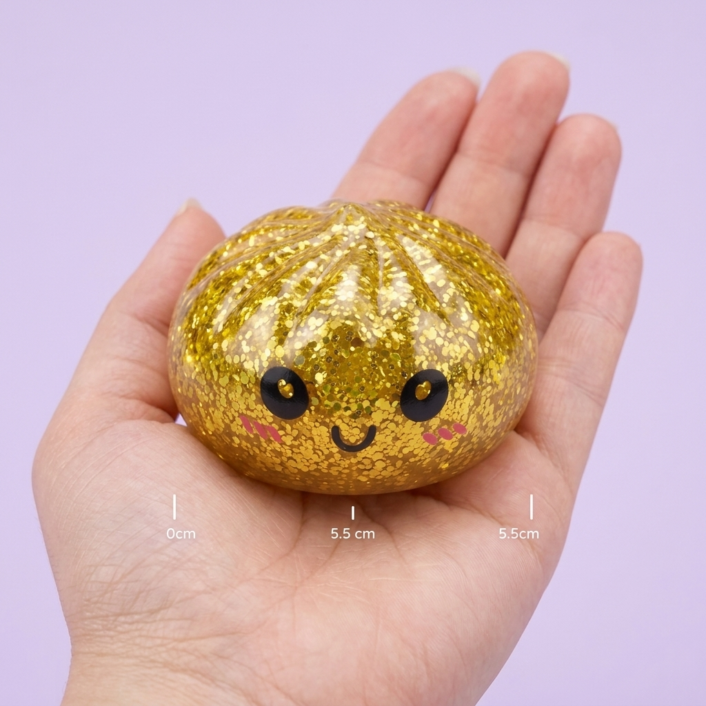 Mystery Glitter Dumpling Squishy Mini Set held in hand, actual size