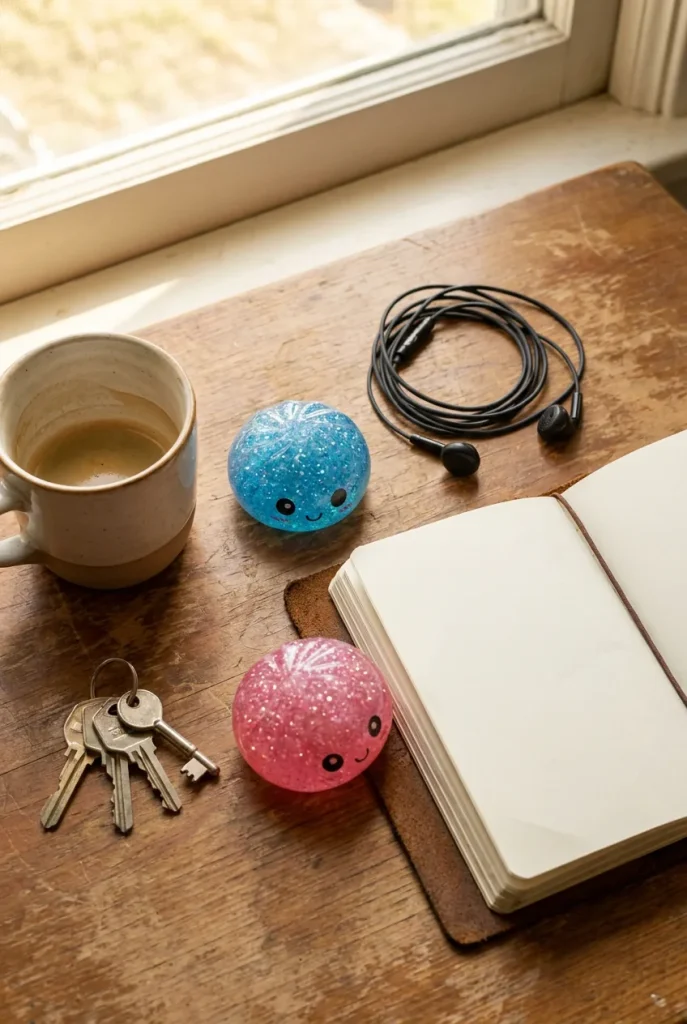 Mystery Glitter Dumpling Squishy Mini Set on the desk