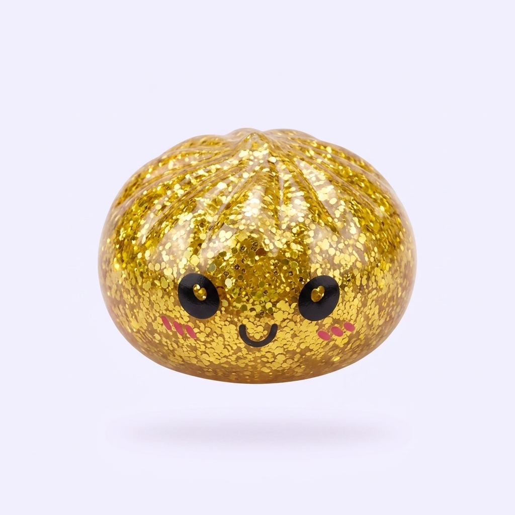 Mystery Glitter Dumpling Squishy Mini Set being squeezed, soft slow-rise foam