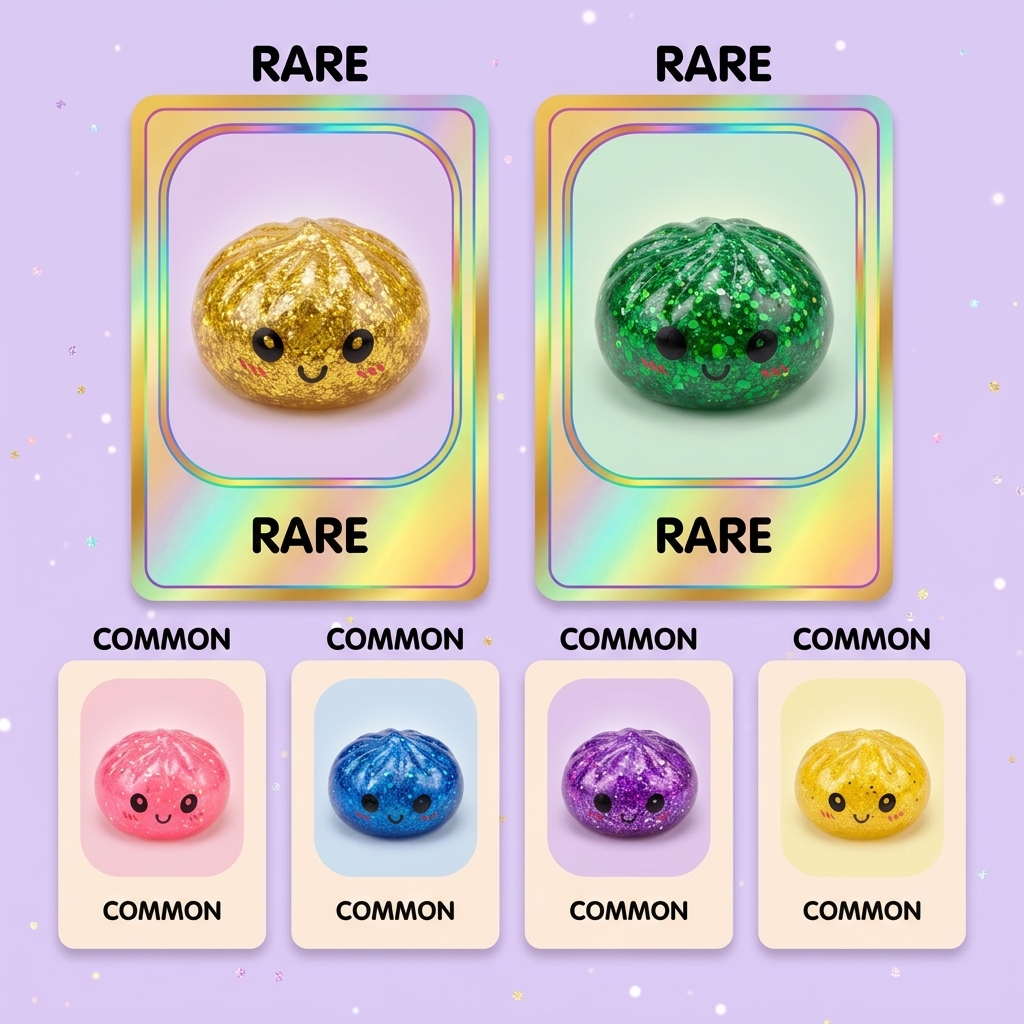 Mystery Glitter Dumpling Squishy Mini Set being squeezed, soft slow-rise foam