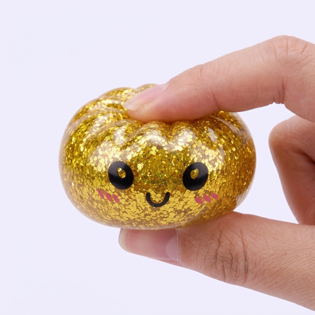 Mystery Glitter Dumpling Squishy Mini Set being squeezed, soft slow-rise foam