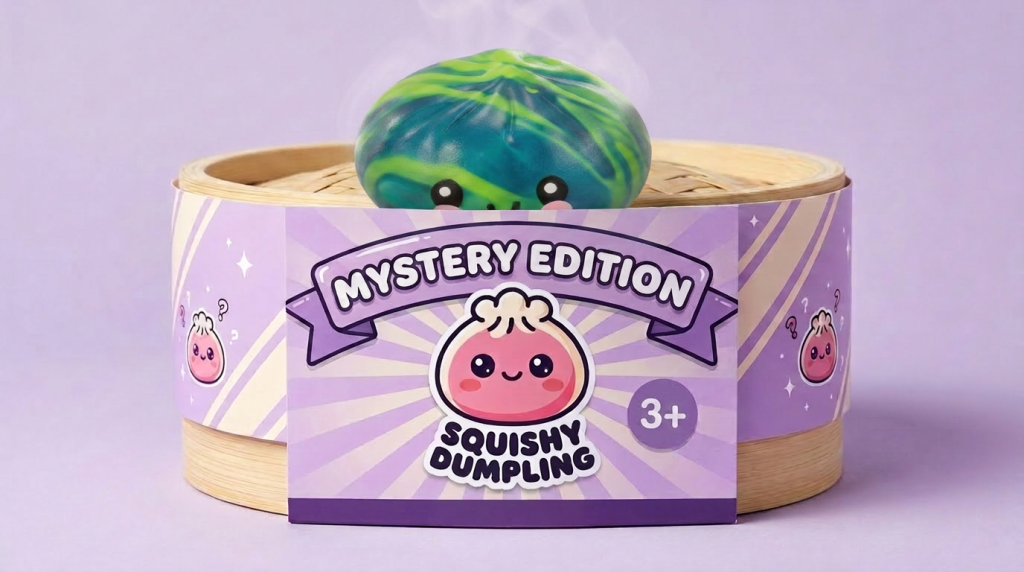 Mystery Tie-Dye Dumpling Squishy Mini in its bamboo steamer box