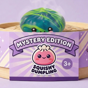 Mystery Tie-Dye Dumpling Squishy Mini in its bamboo steamer box
