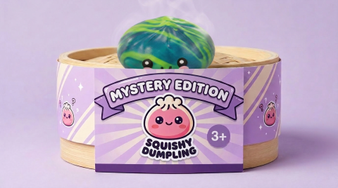 Mystery Tie-Dye Dumpling Squishy Mini in its bamboo steamer box