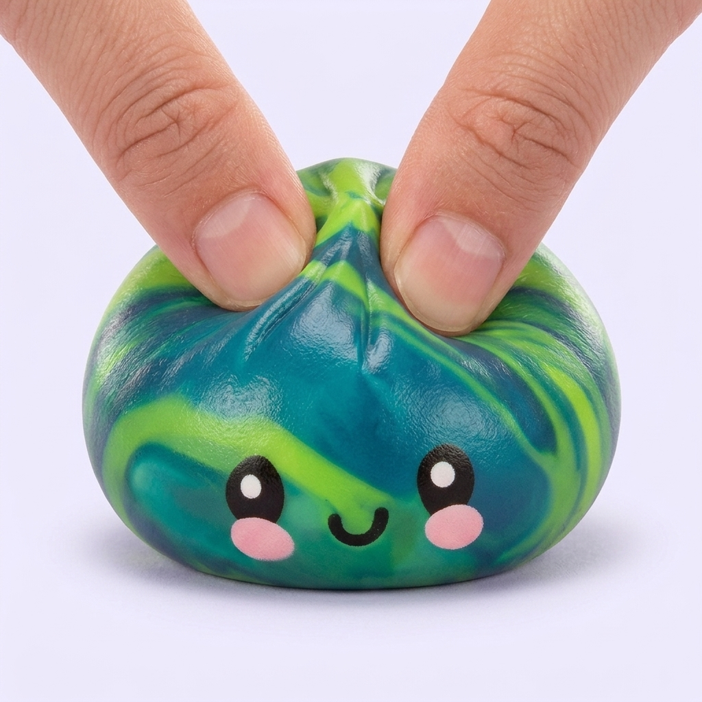 Mystery Tie-Dye Dumpling Squishy Mini being squeezed, soft slow-rise foam