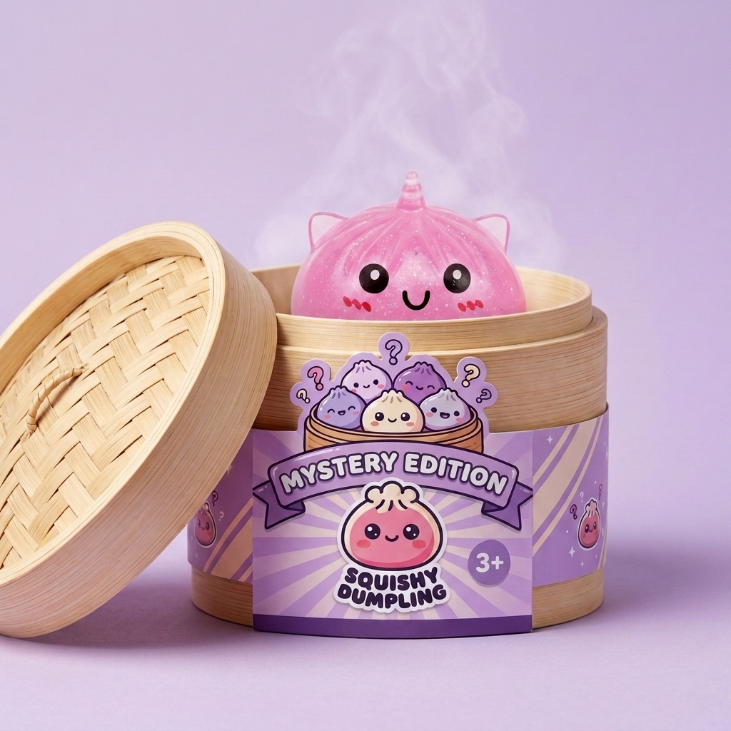 Mystery Unicorn Dumpling Squishy in its bamboo steamer box