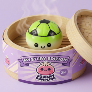 Football Mystery Dumpling Squishy in its bamboo steamer box