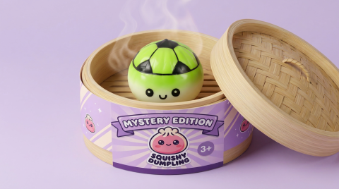 Football Mystery Dumpling Squishy in its bamboo steamer box