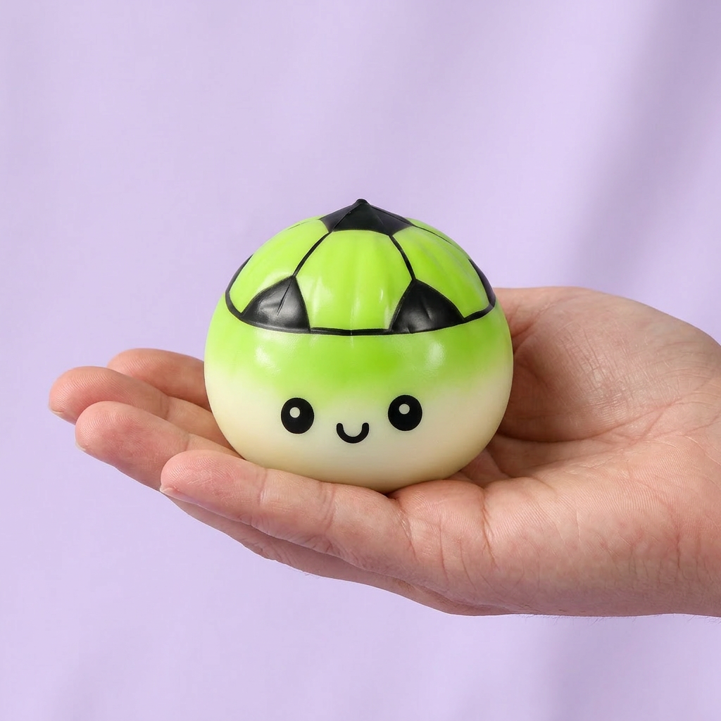 Football Mystery Dumpling Squishy held in hand, actual size