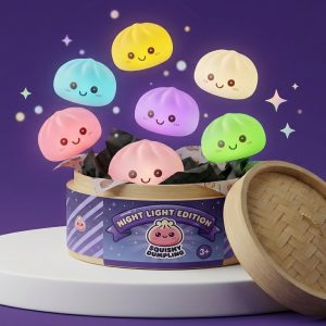 Mystery Squishy Dumpling Night Light being squeezed, soft slow-rise foam