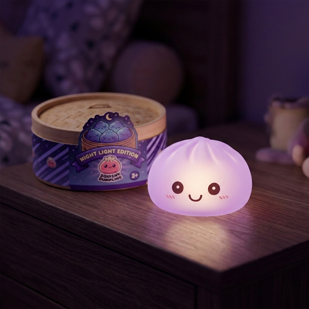 Mystery Squishy Dumpling Night Light in its kawaii setting