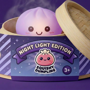 Mystery Squishy Dumpling Night Light in its bamboo steamer box